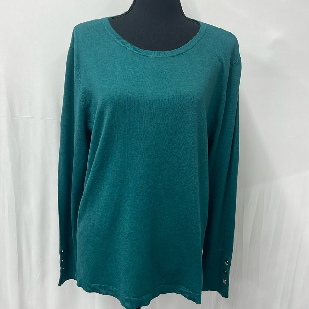 JM Collection crew neck long-sleeved lightweight sweater, teal green,size L, NWT